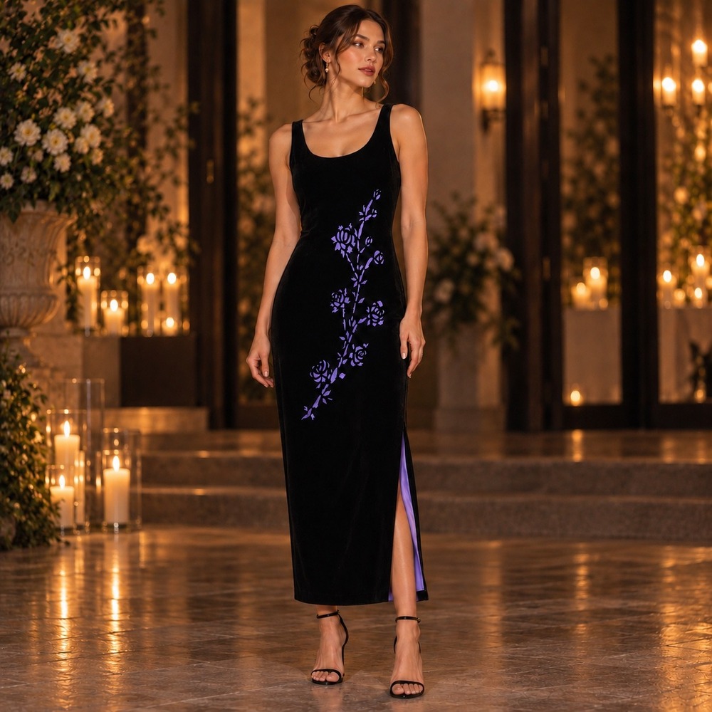 Vintage Black Velvet Purple Floral Laser Cut Maxi Dress 9/10 HOCO Prom Wimsigoth
